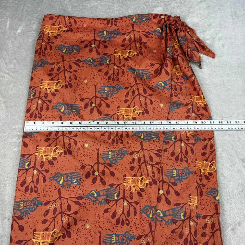 Peruvian Connection Skirt Womens 14 Orange Bird Print Wrap Pima Cotton Midi Boho